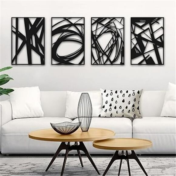 Black Metal Wall Art Set of 4 Modern 3D Abstract Decor for Bedroom Living Room - Picture 7 of 7